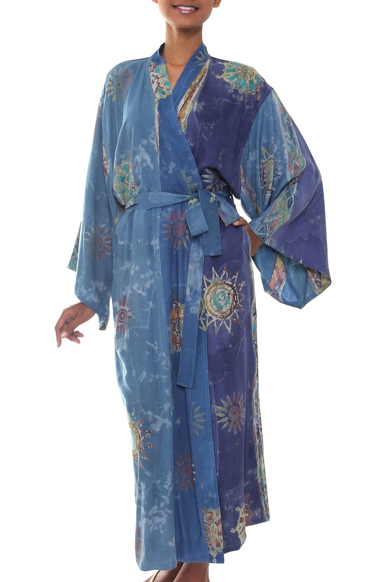 NOVICA Artisan Hand-Painted Long Kimono Patterned Robe with Pockets for Women Lightweight Loungewear from Indonesia ' Blue Baliku' - Image 1